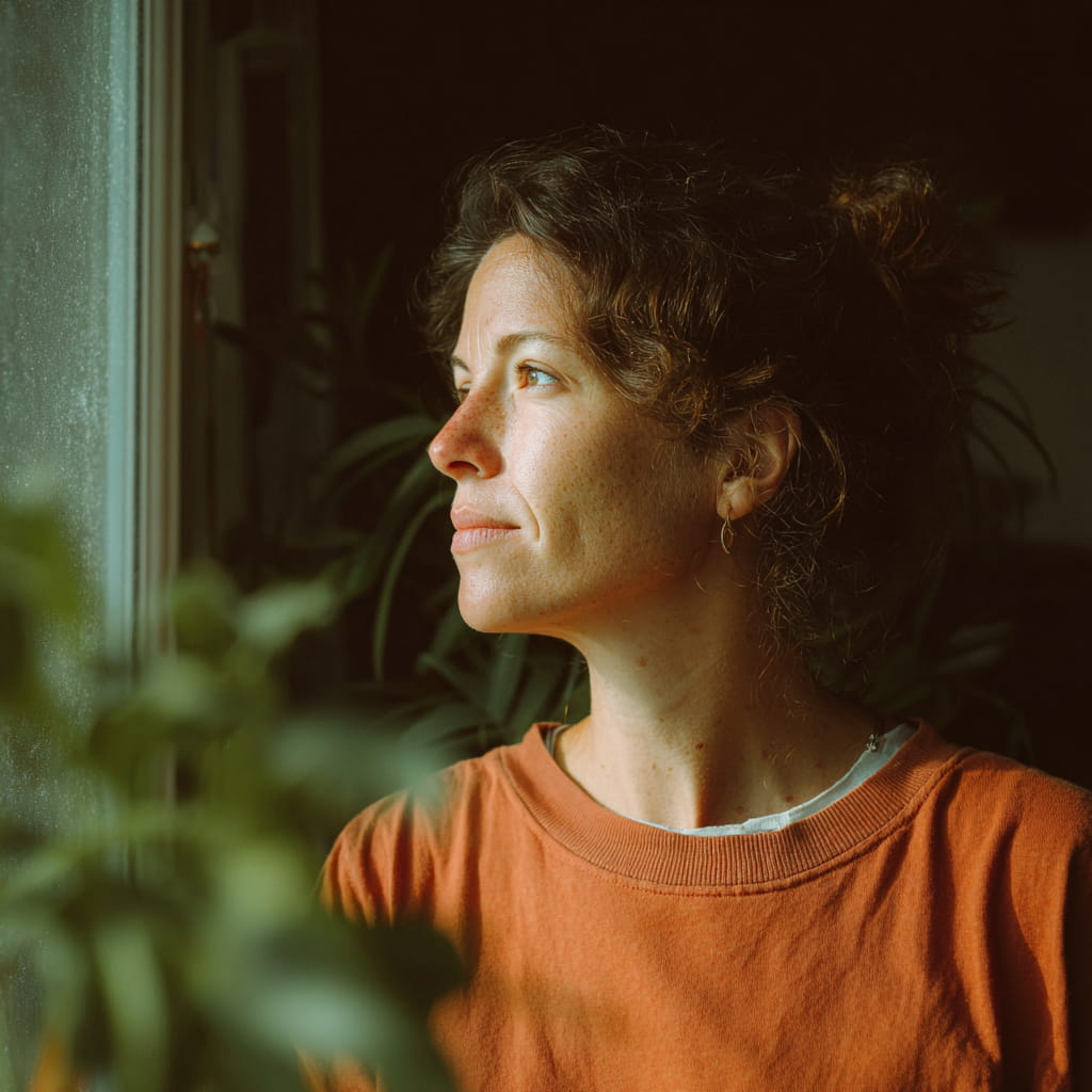 Nachdenkliche Mutter im Kinderzimmer blickt aus dem Fenster und sucht nach der passenden Toniebox Alternative oder dem richtigen Audiosystem für ihr Kind.